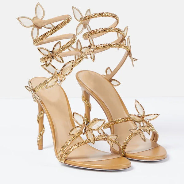Elegant Crystal-Embellished Gladiator Sandals with Butterfly Detail for Summer Parties and Prom